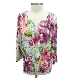 Womens Knit Top XL Floral Embellished 3/4 Sleeve V-Neck Boho Fairy Whimsical